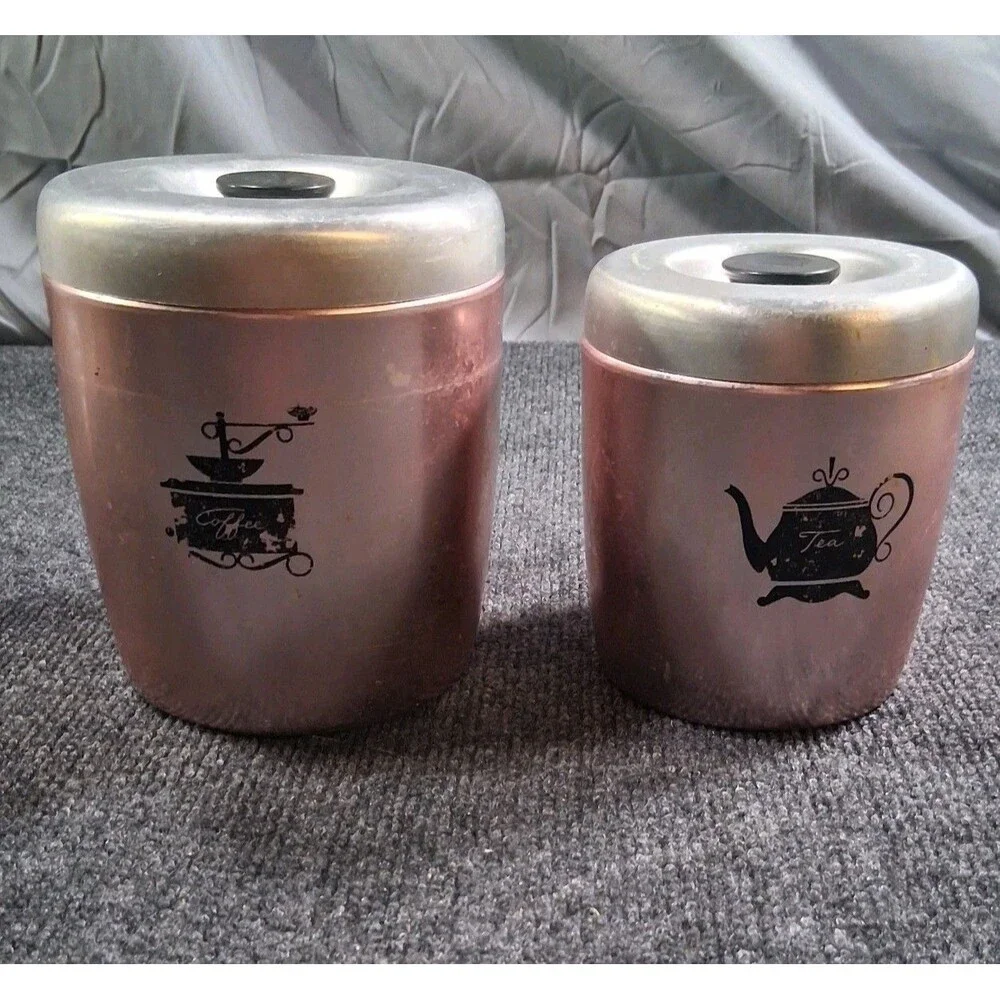 Vintage West Bend Copper Rose Gold Tea Coffee Kitchen Canisters w Silver Lid